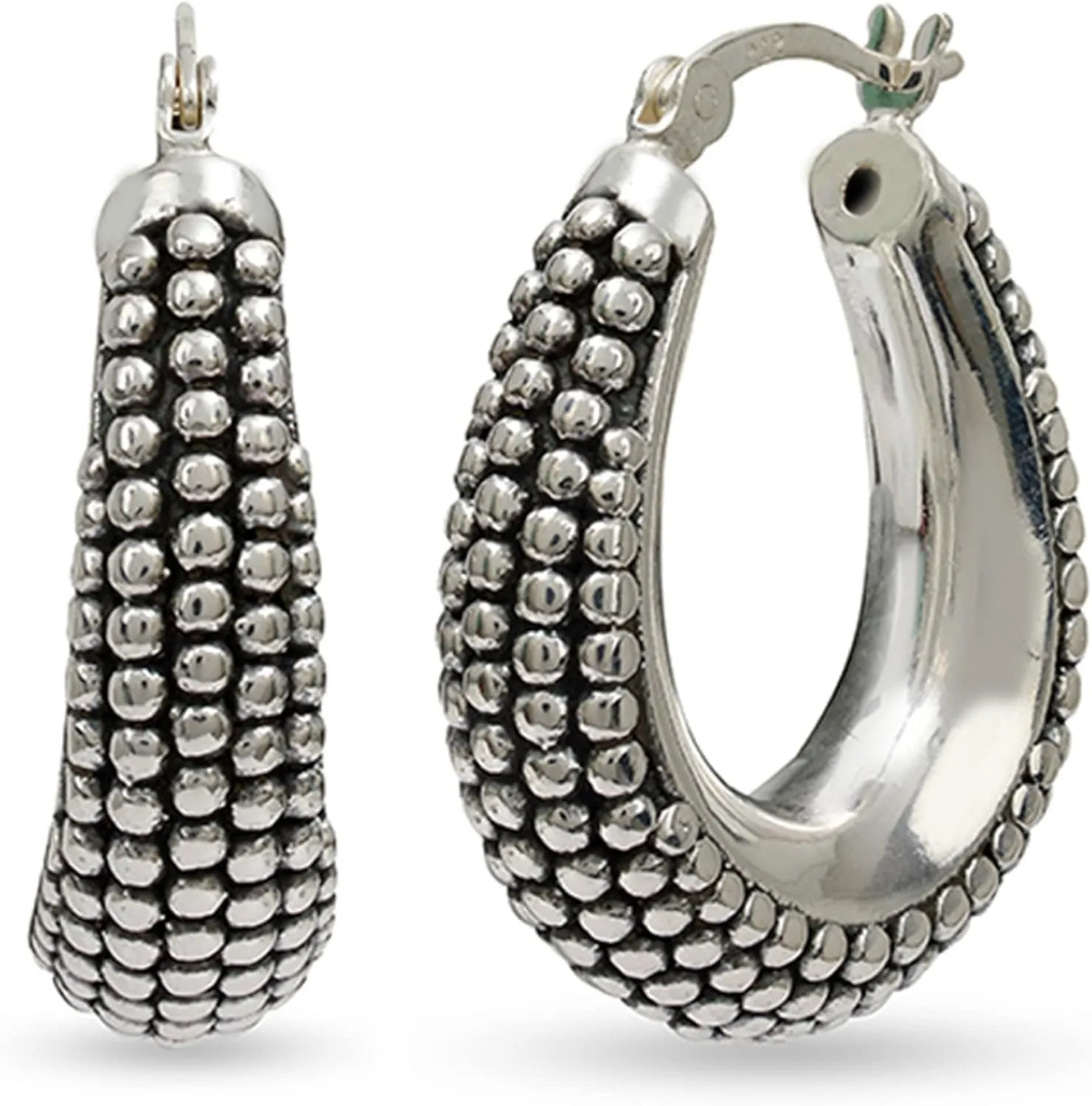 LeCalla 925 Sterling Silver Bali-Style Hoop Earrings Lightweight Click-Top Antique Two-Tone Beaded Italian Bali Style Earring Hoops for Women