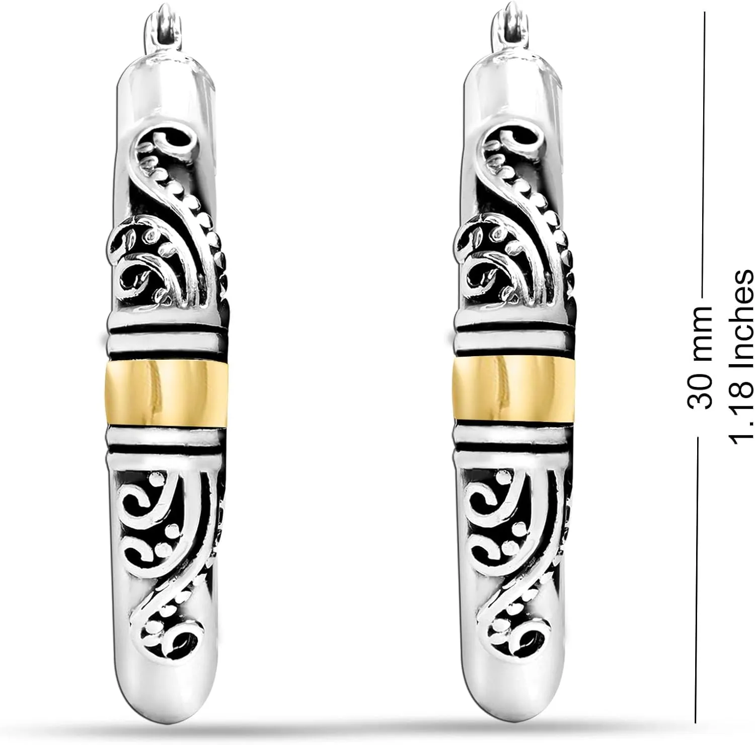LeCalla 925 Sterling Silver Bali-Style Hoop Earrings Lightweight Click-Top Antique Two-Tone Beaded Italian Bali Style Earring Hoops for Women