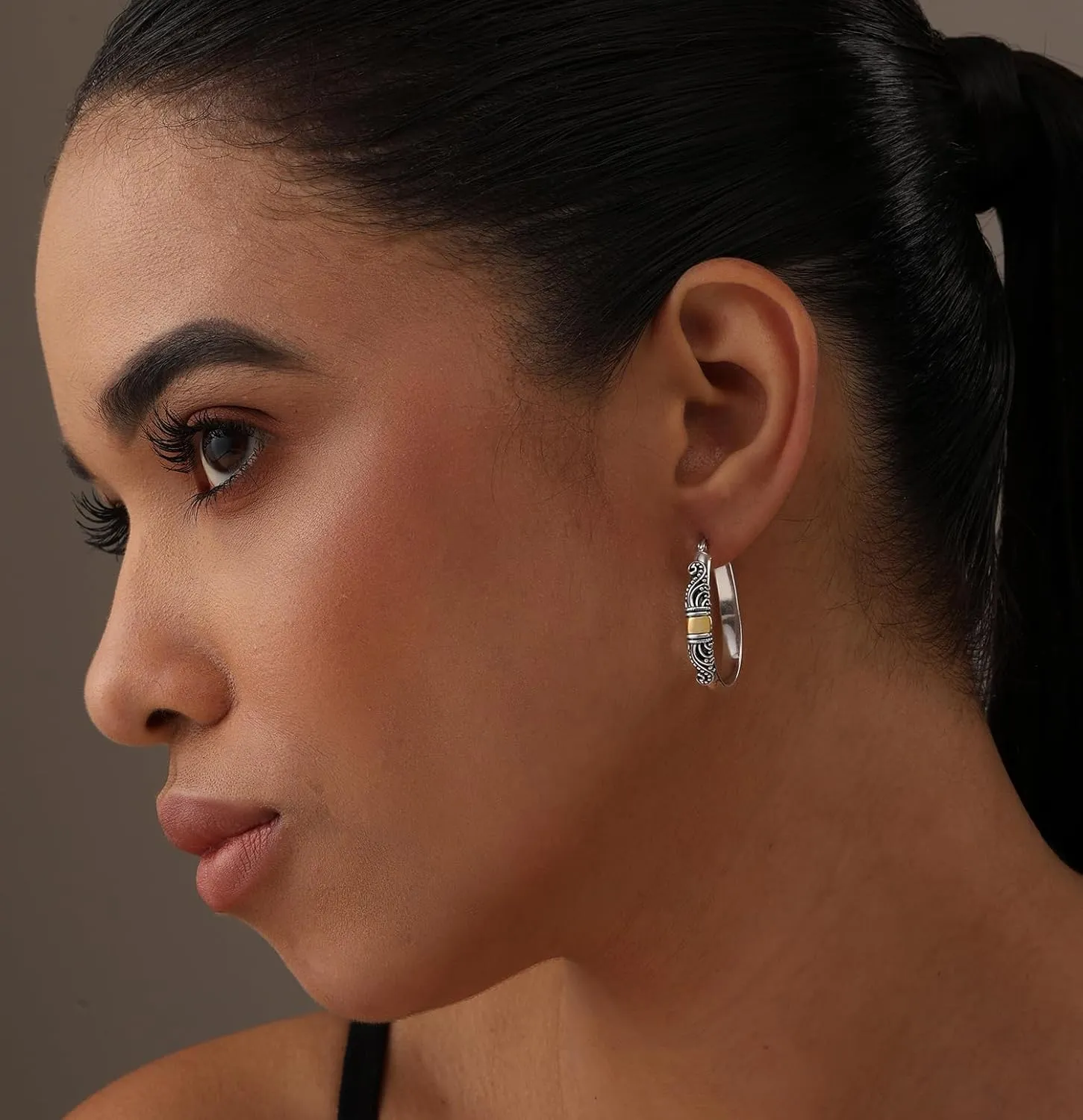 LeCalla 925 Sterling Silver Bali-Style Hoop Earrings Lightweight Click-Top Antique Two-Tone Beaded Italian Bali Style Earring Hoops for Women