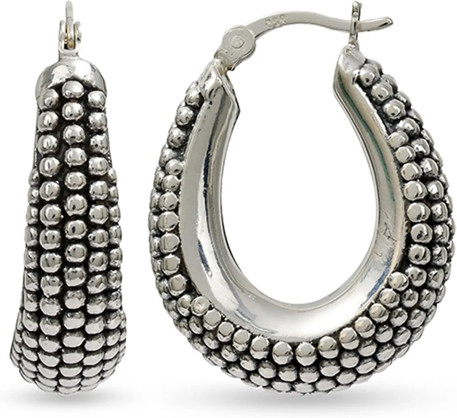 LeCalla 925 Sterling Silver Bali-Style Hoop Earrings Lightweight Click-Top Antique Two-Tone Beaded Italian Bali Style Earring Hoops for Women