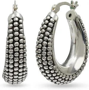 LeCalla 925 Sterling Silver Bali-Style Hoop Earrings Lightweight Click-Top Antique Two-Tone Beaded Italian Bali Style Earring Hoops for Women