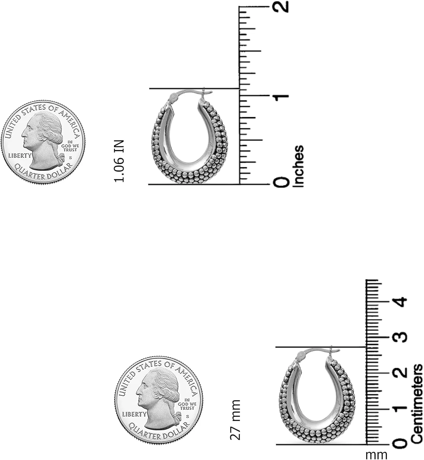 LeCalla 925 Sterling Silver Bali-Style Hoop Earrings Lightweight Click-Top Antique Two-Tone Beaded Italian Bali Style Earring Hoops for Women