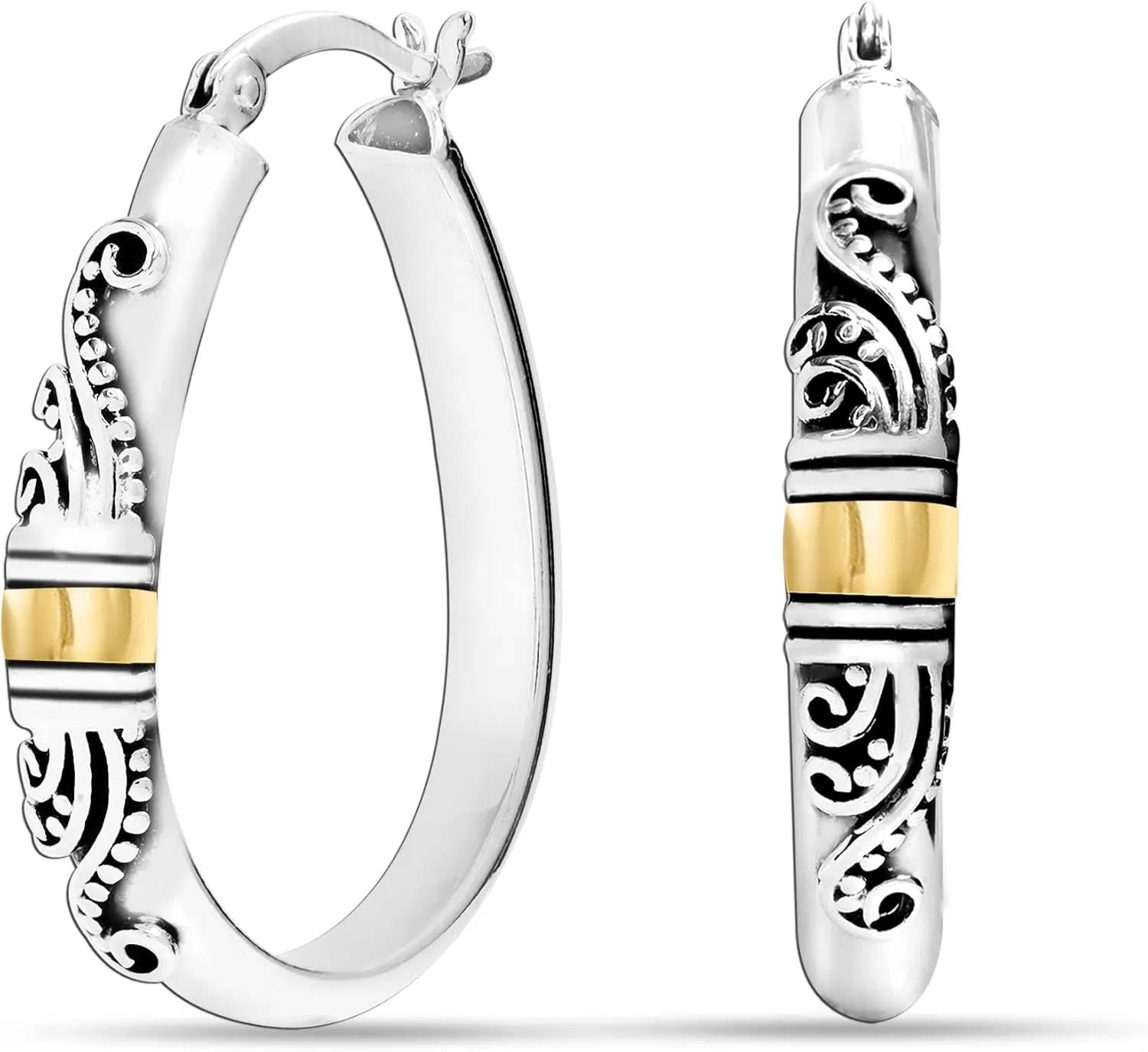 LeCalla 925 Sterling Silver Bali-Style Hoop Earrings Lightweight Click-Top Antique Two-Tone Beaded Italian Bali Style Earring Hoops for Women