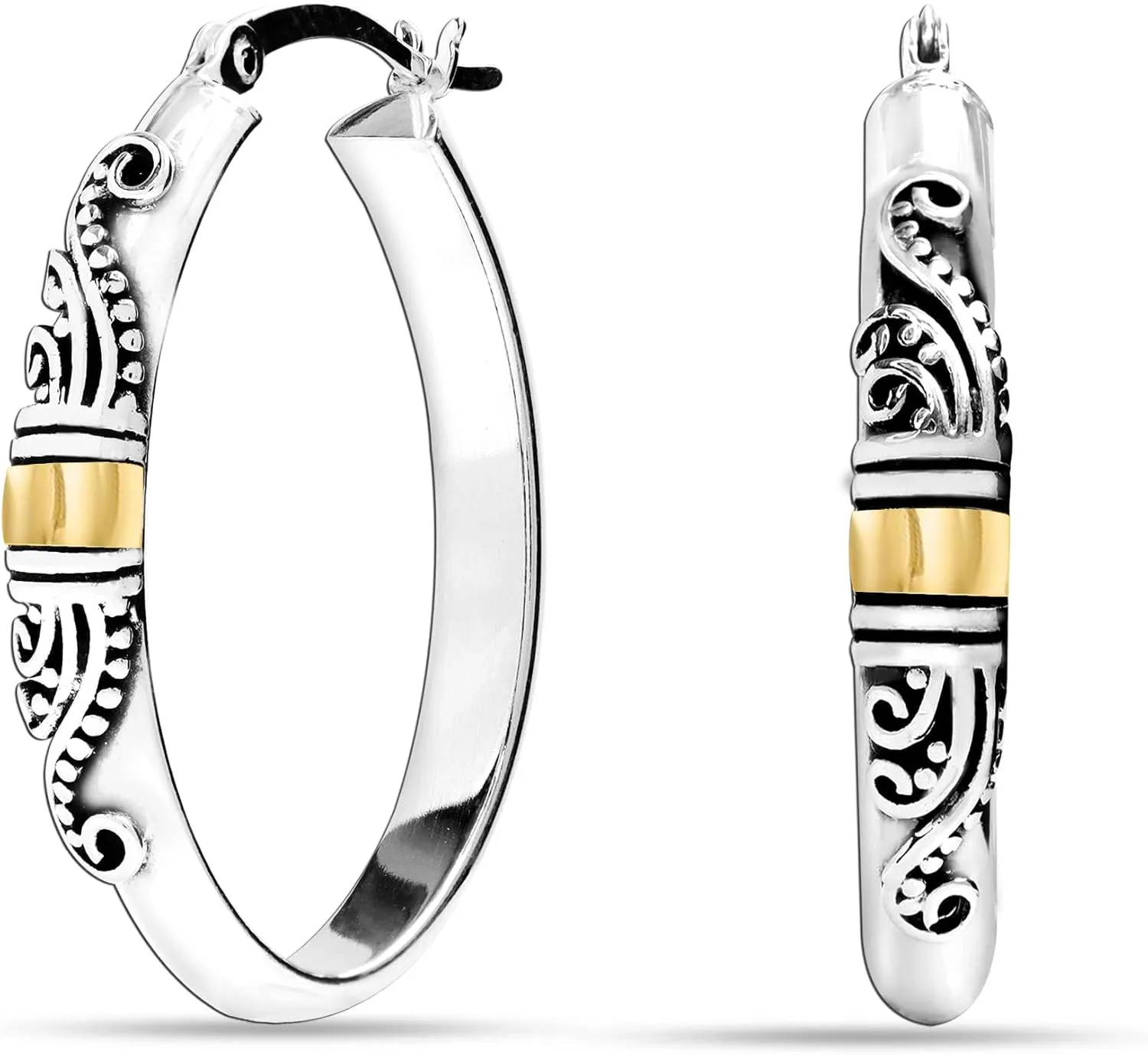 LeCalla 925 Sterling Silver Bali-Style Hoop Earrings Lightweight Click-Top Italian Antique Earring Hoops for Women