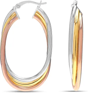 LeCalla 925 Sterling Silver Chunky Hoop Earrings | 14K Two-Tone Three-Tone Hoop Earrings | Intertwining Oval Shape Polished Twisted Hoop Earrings for Women