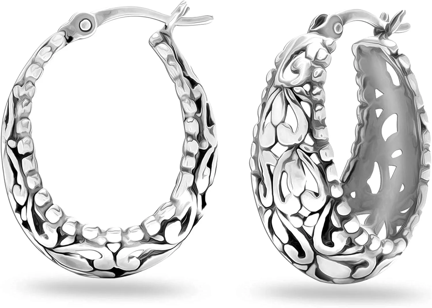 LeCalla 925 Sterling Silver Filigree Hoop Earrings for Women | Antique Oxidized Click-Top Hoop Earring Jewelry | Women's Small Chunky Filigree Earring