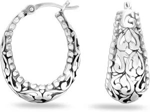 LeCalla 925 Sterling Silver Filigree Hoop Earrings for Women | Antique Oxidized Click-Top Hoop Earring Jewelry | Women's Small Chunky Filigree Earring