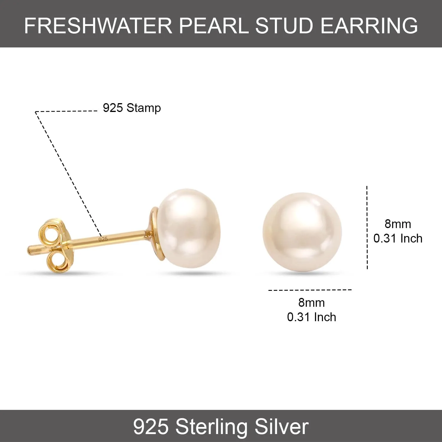 LeCalla 925 Sterling Silver Freshwater Pearl Stud Earrings for Women | Round White Pearls | 14K Gold Plated Jewelry| Handpicked Freshwater Cultured Stud Pearl Earrings (5mm-10mm)