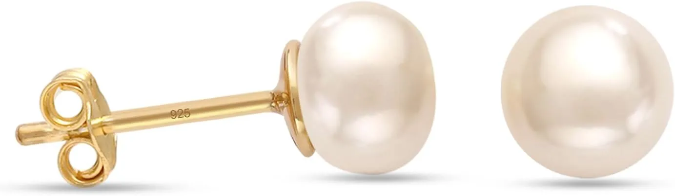 LeCalla 925 Sterling Silver Freshwater Pearl Stud Earrings for Women | Round White Pearls | 14K Gold Plated Jewelry| Handpicked Freshwater Cultured Stud Pearl Earrings (5mm-10mm)