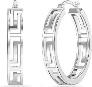 LeCalla 925 Sterling Silver Greek Key Hoop Earrings Lightweight Click-Top Greek Wall Cut-Out Pattern Earring Hoops for Women