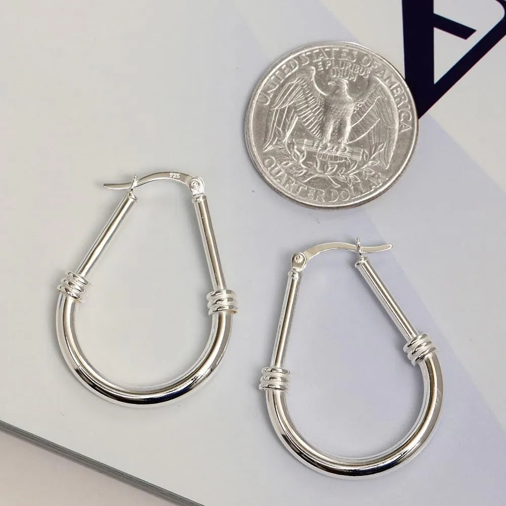 LeCalla 925 Sterling Silver Hoop Earrings - Classic Italian Antique Diamond Cut Textured Earring Hoops | Women's Drop Shape Oval Hoop Earring Jewelry for Women