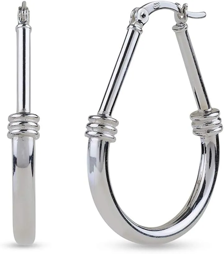 LeCalla 925 Sterling Silver Hoop Earrings - Classic Italian Antique Diamond Cut Textured Earring Hoops | Women's Drop Shape Oval Hoop Earring Jewelry for Women