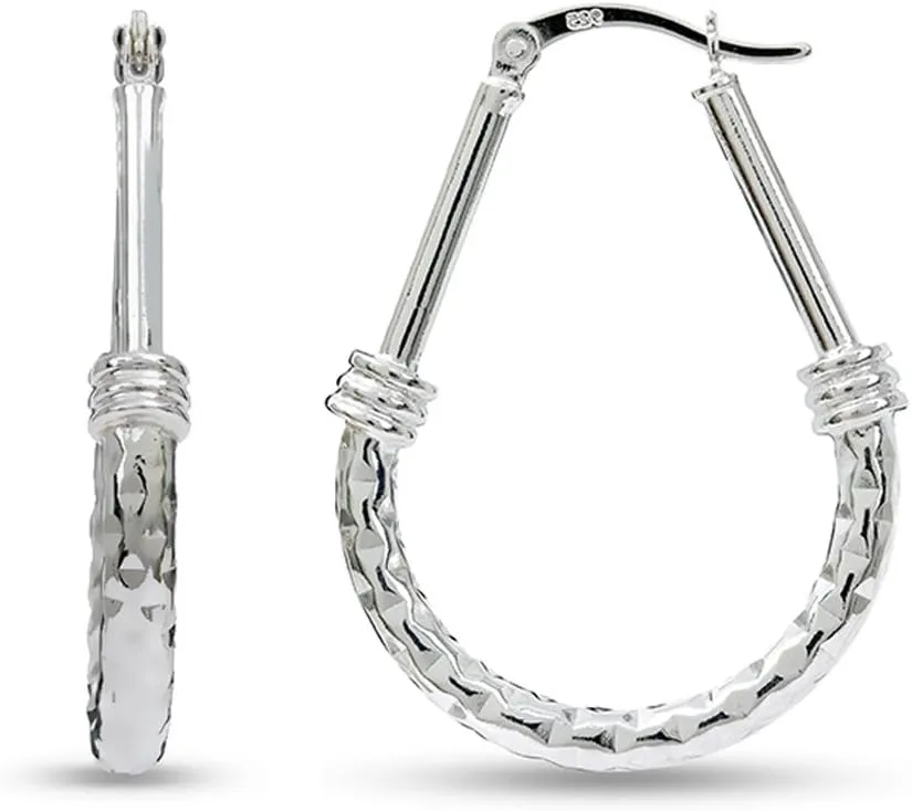 LeCalla 925 Sterling Silver Hoop Earrings | Italian Design Classic Diamond-Cut Textured Earring Hoops | Women's Drop Shape Oval Hoop Earring Jewelry for Women