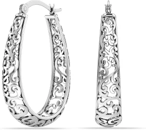 LeCalla 925 Sterling Silver Hoop Earrings | Women's Filigree Hoop Earrings | Openwork Chunky Mesh Filigree Cut Earrings | Lightweight & Hypoallergenic Vintage Hoop Earrings for Women