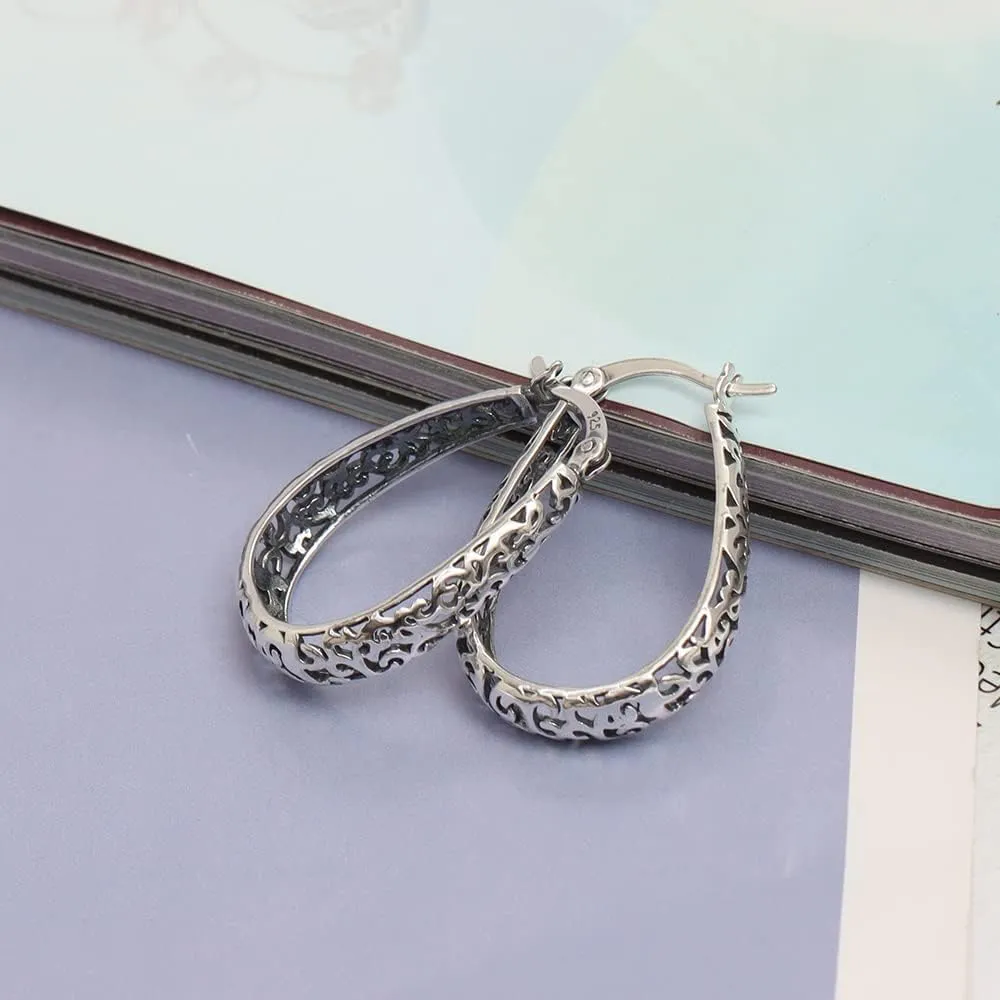 LeCalla 925 Sterling Silver Hoop Earrings | Women's Filigree Hoop Earrings | Openwork Chunky Mesh Filigree Cut Earrings | Lightweight & Hypoallergenic Vintage Hoop Earrings for Women