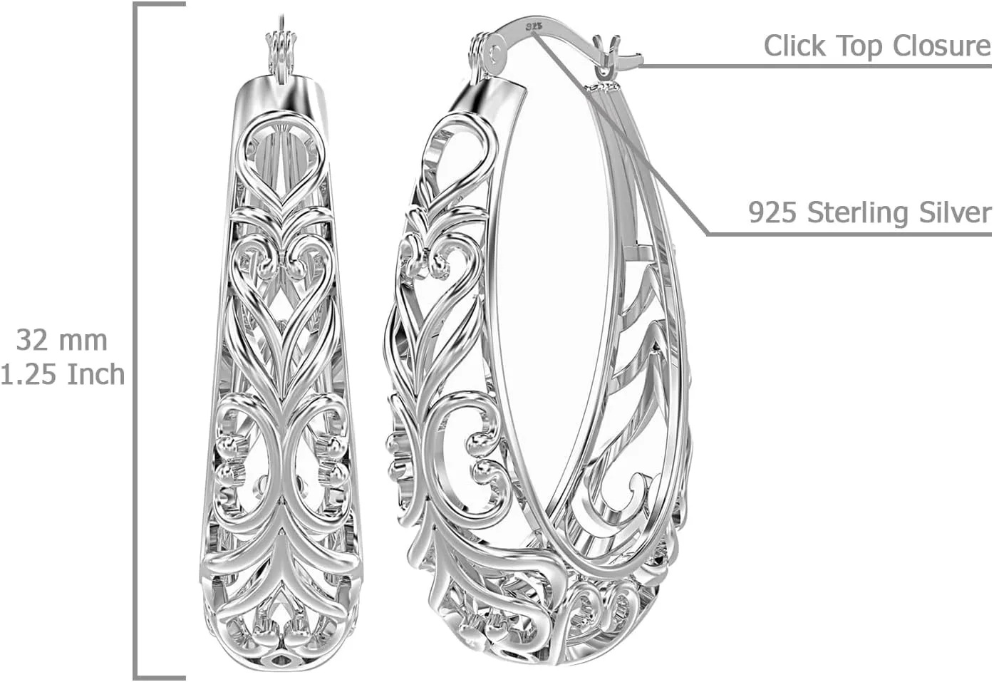LeCalla 925 Sterling Silver Hoop Earrings | Women's Filigree Hoop Earrings | Openwork Mesh Filigree Cut Earring | Lightweight & Hypoallergenic Vintage Hoop Earrings for Women