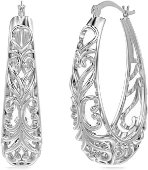 LeCalla 925 Sterling Silver Hoop Earrings | Women's Filigree Hoop Earrings | Openwork Mesh Filigree Cut Earring | Lightweight & Hypoallergenic Vintage Hoop Earrings for Women