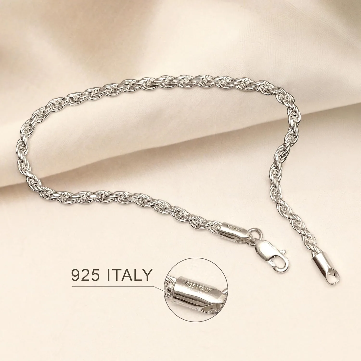 LeCalla 925 Sterling Silver Italian 4 MM Classic Diamond-Cut Rope Chain Link Bracelet for Women Men, Made in Italy (6.5, 7, 7.5, 8, 8.5, 9 Inches)