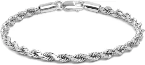 LeCalla 925 Sterling Silver Italian 4 MM Classic Diamond-Cut Rope Chain Link Bracelet for Women Men, Made in Italy (6.5, 7, 7.5, 8, 8.5, 9 Inches)