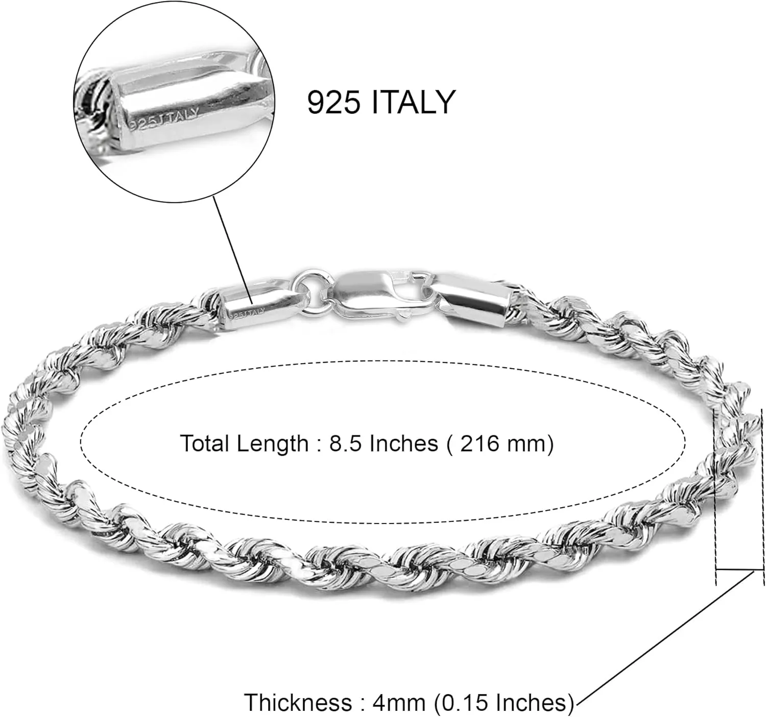 LeCalla 925 Sterling Silver Italian 4 MM Classic Diamond-Cut Rope Chain Link Bracelet for Women Men, Made in Italy (6.5, 7, 7.5, 8, 8.5, 9 Inches)