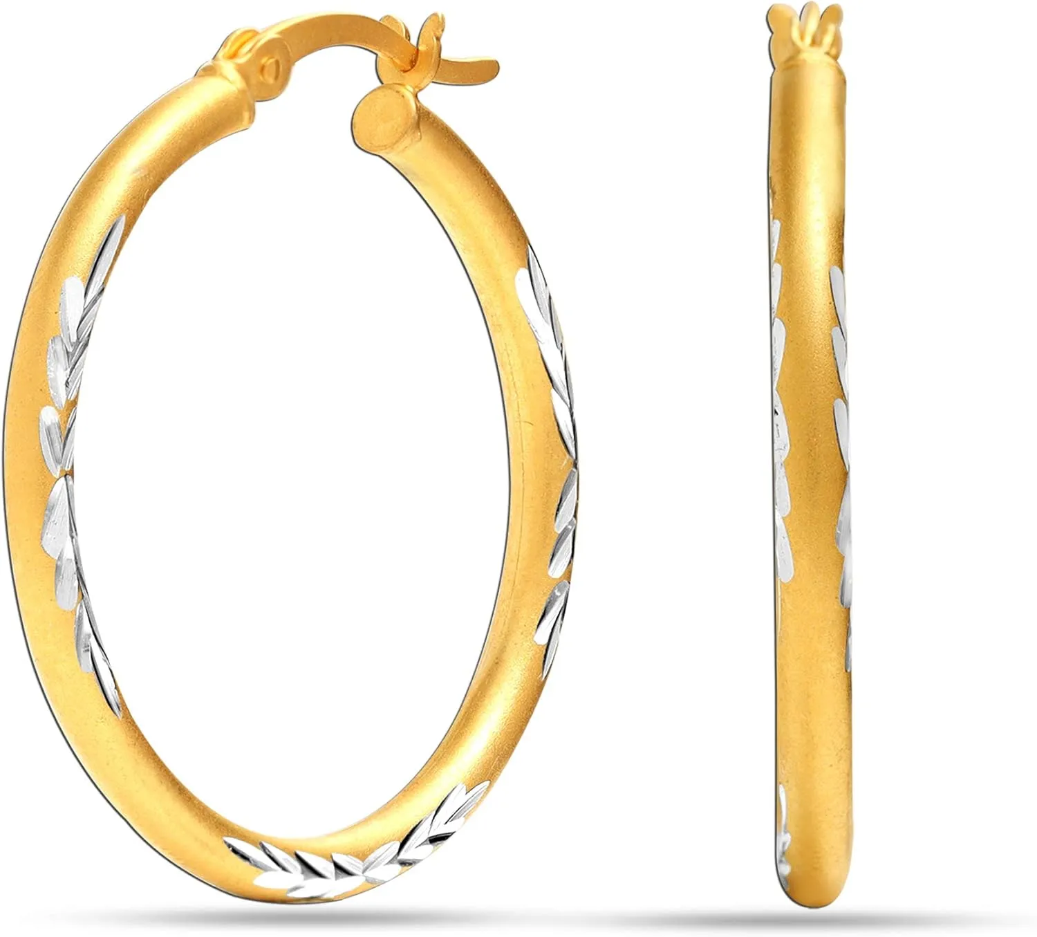 LeCalla 925 Sterling Silver Two-Tone Three-Tone Hoop Earrings | Round Shape Polished Italian Diamond-Cut Twisted Earring Hoops for Women
