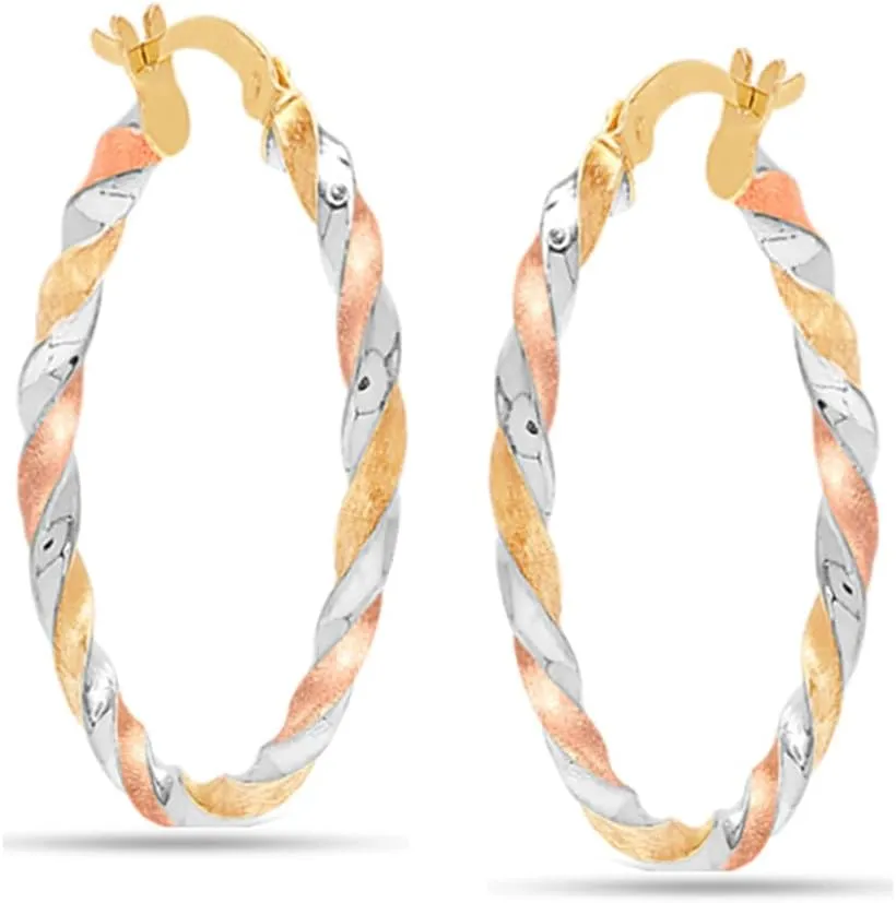 LeCalla Real 925 Sterling Silver Hoop Earrings | 14K Gold-Plated Three-Tone Twisted Earring Jewelry | Light-Weight Italian Design Click-Top Hoop Earrings for Women