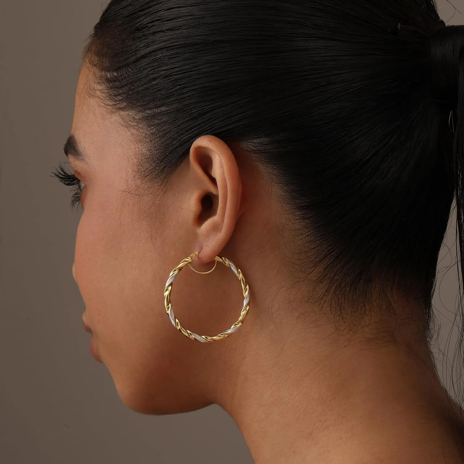 LeCalla Real 925 Sterling Silver Textured Two-Tone Three-Tone 14K Gold Plated Lightweight Italian Design Hoop Earrings for Women Diameter 25,30,40,45,50mm