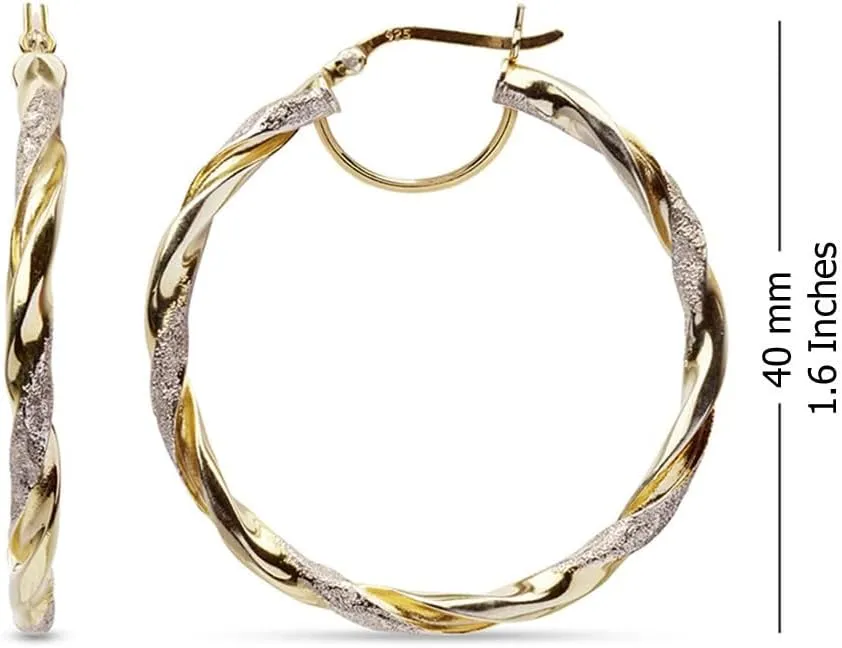 LeCalla Real 925 Sterling Silver Textured Two-Tone Three-Tone 14K Gold Plated Lightweight Italian Design Hoop Earrings for Women Diameter 25,30,40,45,50mm