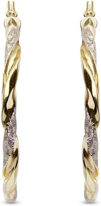 LeCalla Real 925 Sterling Silver Textured Two-Tone Three-Tone 14K Gold Plated Lightweight Italian Design Hoop Earrings for Women Diameter 25,30,40,45,50mm