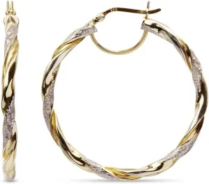 LeCalla Real 925 Sterling Silver Textured Two-Tone Three-Tone 14K Gold Plated Lightweight Italian Design Hoop Earrings for Women Diameter 25,30,40,45,50mm