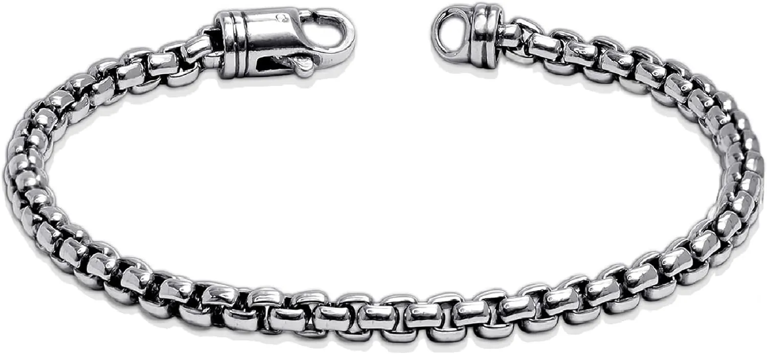 LeCalla Solid 925 Sterling Silver Men's Box Chain Bracelet | Italian Square Rolo Link Round Box Chain Bracelet for Men, Made in Italy (7.5, 8, 8.5, 9 Inches)