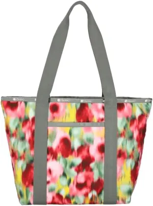 LeSportsac Chasing Flowers Everyday Zip Tote Handbag/Travel Bag, Style 3867/Color E546, Vibrant Tropical Soft Focus Flowers, Bokeh Style Art In Motion, Raspberry, Avocado & Sunny Yellow Blooms