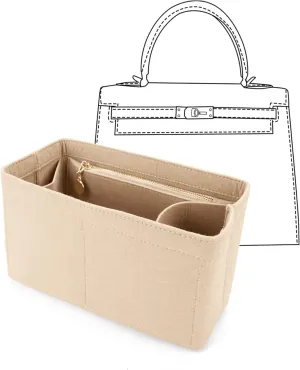 LEXSION Felt Purse Organizer Insert for Handbags with Zipper for Kelly 35,Bag Organizer with Removable Bottle Holder 8032 Beige X-Large