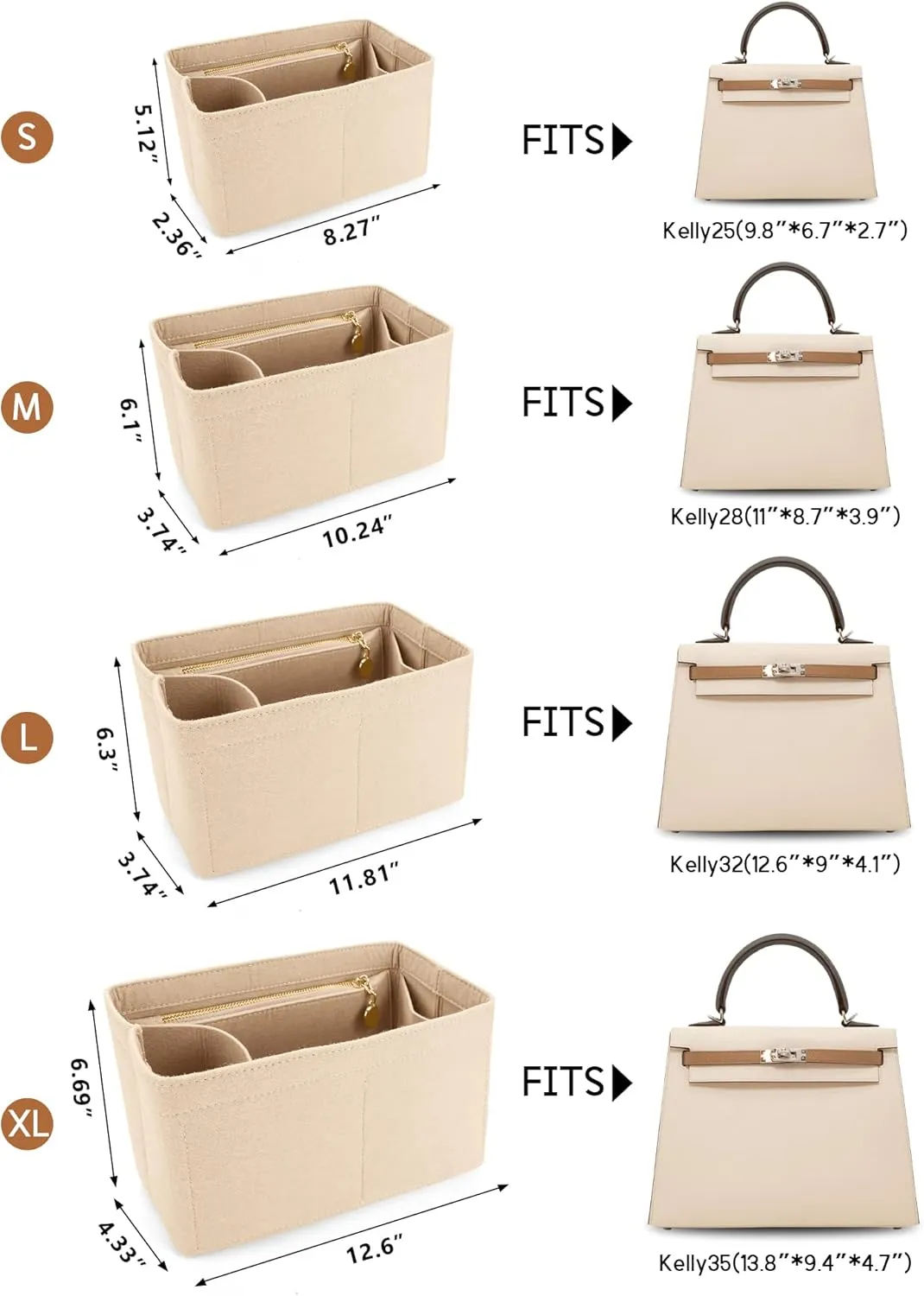 LEXSION Felt Purse Organizer Insert for Handbags with Zipper for Kelly 35,Bag Organizer with Removable Bottle Holder 8032 Beige X-Large