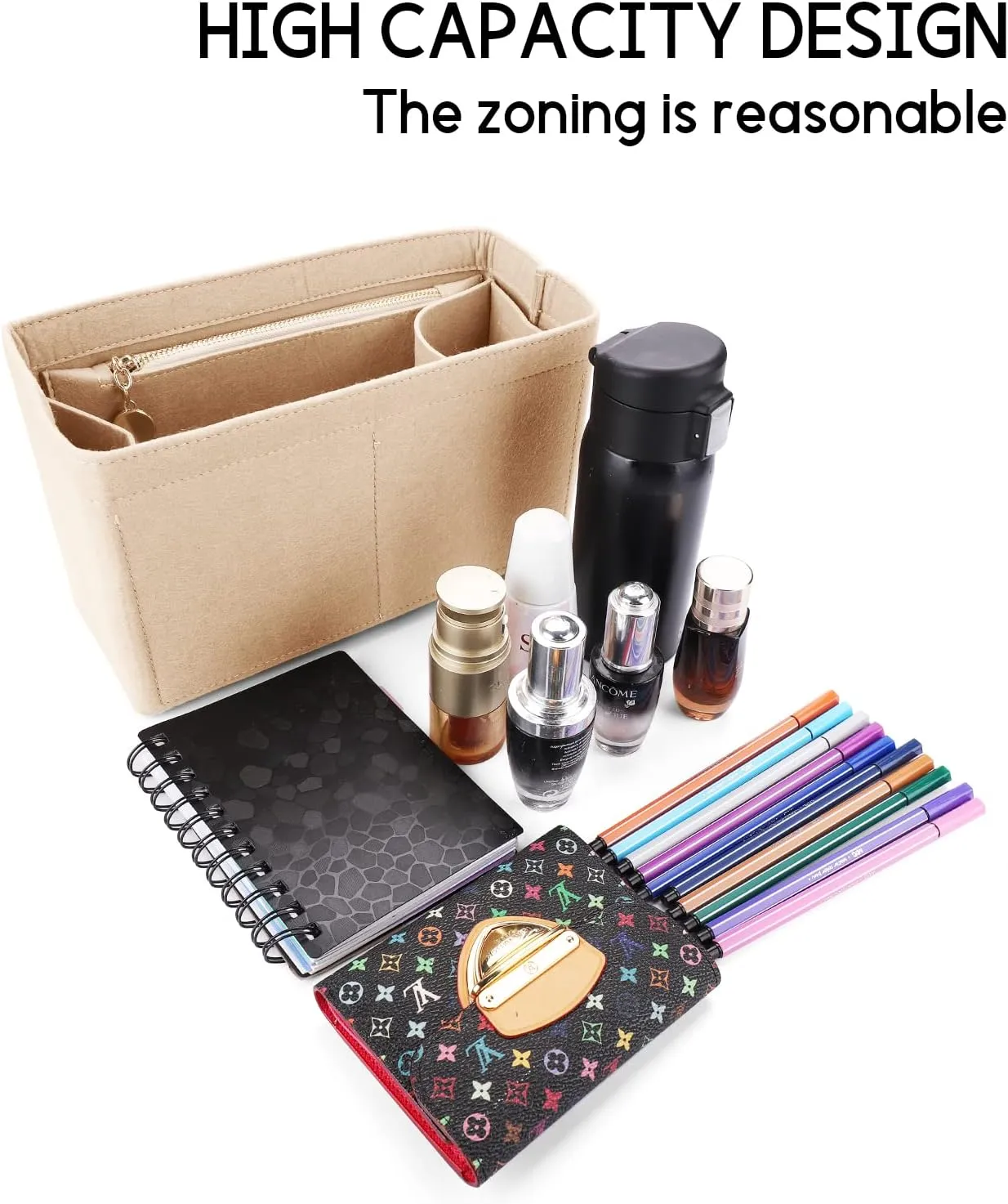 LEXSION Felt Purse Organizer Insert for Handbags with Zipper for Kelly 35,Bag Organizer with Removable Bottle Holder 8032 Beige X-Large