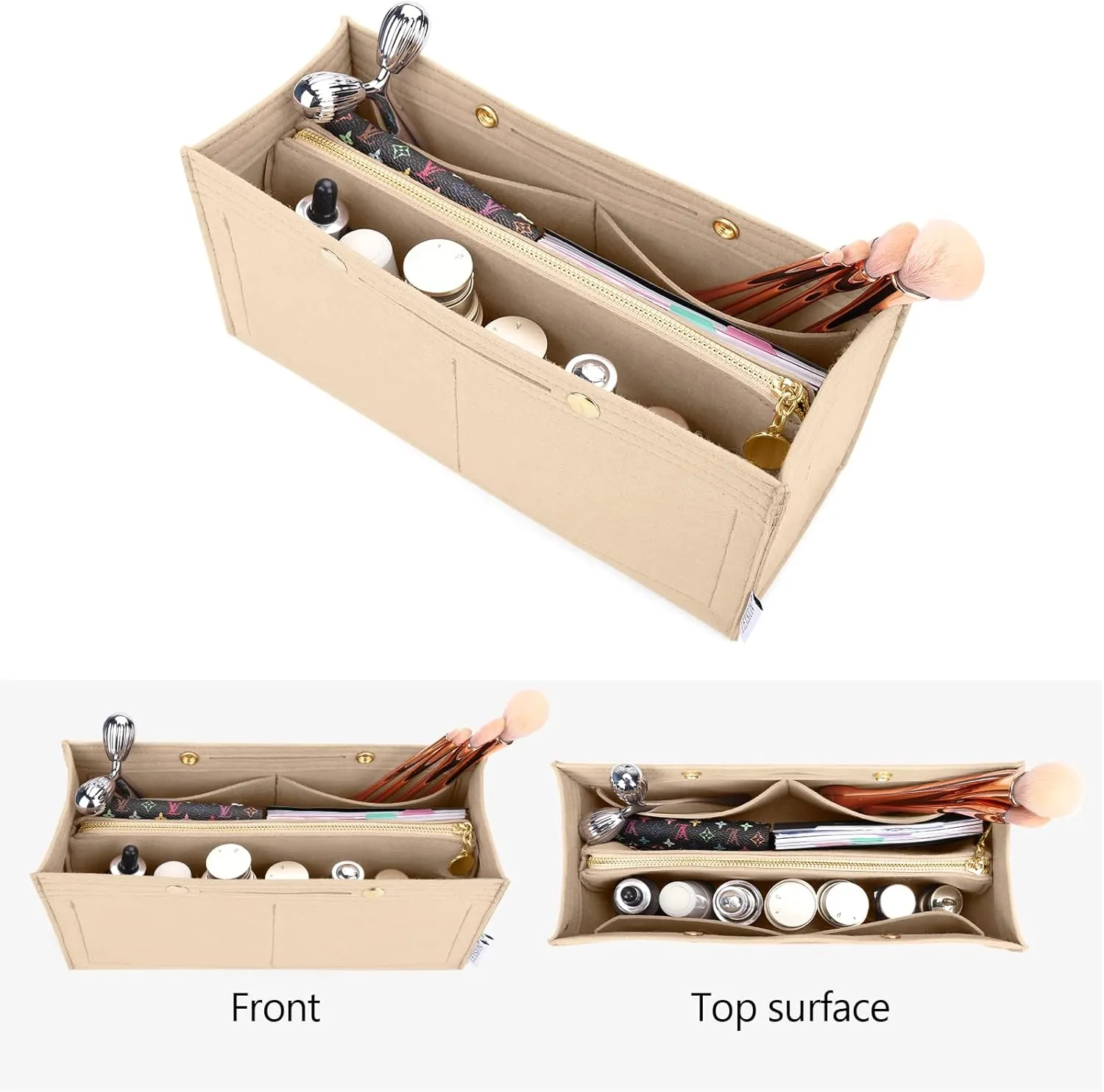 LEXSION Felt Purse Organizer Insert,Handbag Organizer with Detachalbe Zipper Pocket for ONTHEGO MM,3 Size 8034 Beige Medium