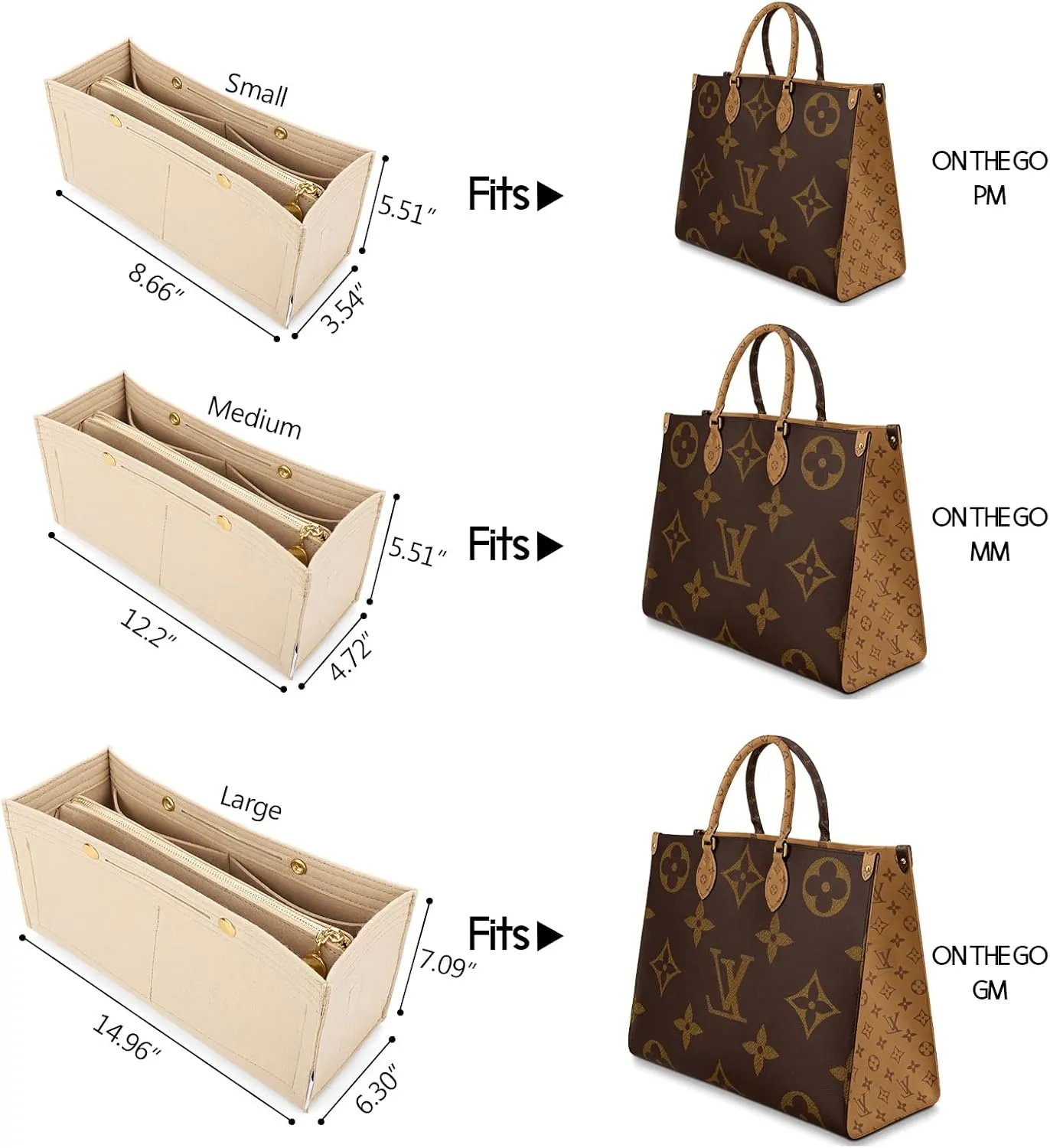 LEXSION Felt Purse Organizer Insert,Handbag Organizer with Detachalbe Zipper Pocket for ONTHEGO PM,3 Size 8034 Beige Small