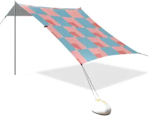 Light Blue and Blush Checkered Pattern Designed UPF50  Protection Foldable Beach Tent Easy Setup Outdoor Sun Shade Includes Sand Shovel, Sandbags, Stability Poles for Backyard and Camping