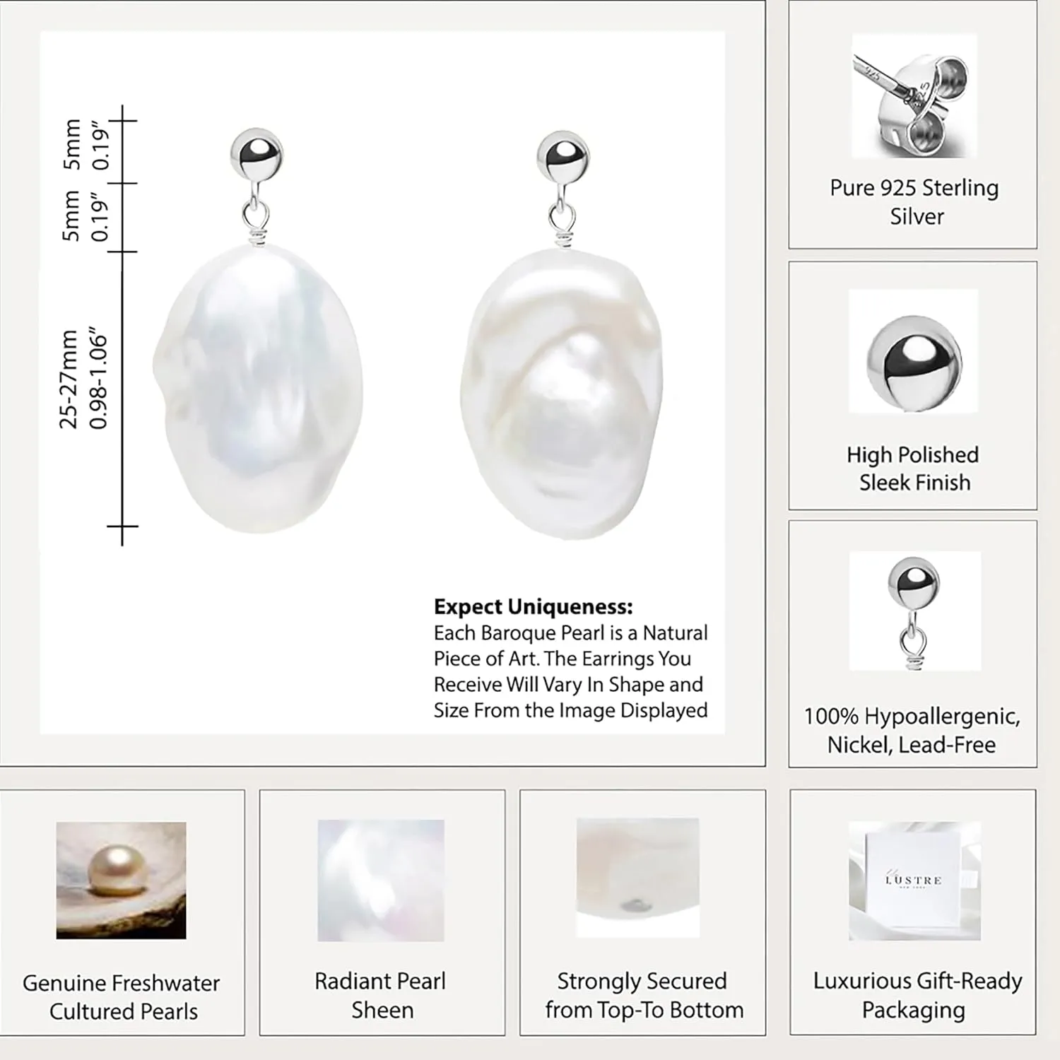 LILY LUSTRE 14k Gold Plated 925 Sterling Silver Handpicked AAAA Quality Natural White Freshwater Cultured Irregular Fireball Baroque Pearl Drop Dangle Bridal Earrings for Women
