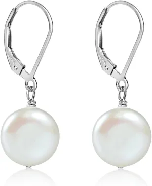 LILY LUSTRE Pearl Earrings | 14k Gold Plated/Filled 925 Sterling Silver Handpicked AAAA Quality Genuine Freshwater Cultured Round/Coin Shape Pearl Hoop/Leverback Drop Dangle Earrings for Women