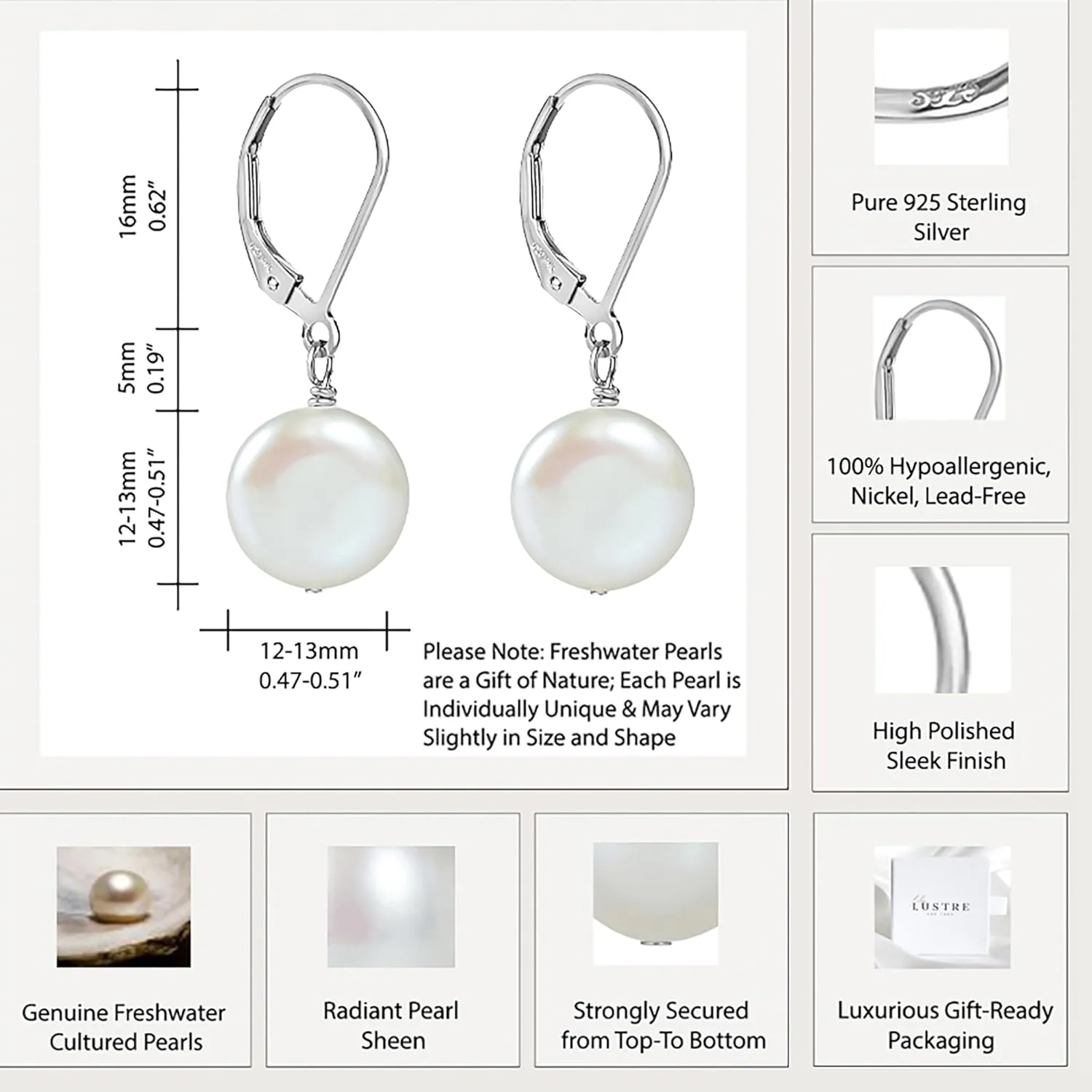 LILY LUSTRE Pearl Earrings | 14k Gold Plated/Filled 925 Sterling Silver Handpicked AAAA Quality Genuine Freshwater Cultured Round/Coin Shape Pearl Hoop/Leverback Drop Dangle Earrings for Women