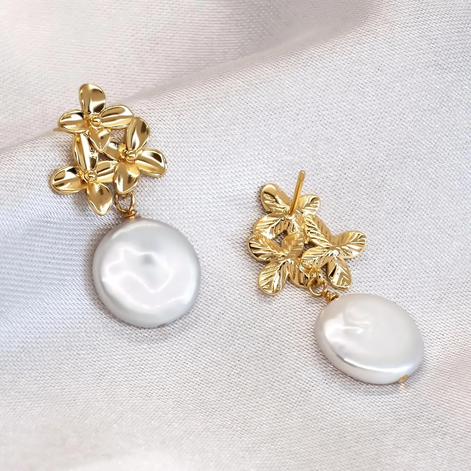 LILY LUSTRE Pearl Flower Stud Earrings | 14k Gold/Rose Gold Plated 925 Sterling Silver Handpicked AAAA Quality Natural Freshwater Cultured Pearl Drop & Coin Shape Dangle Floral Earrings for Women