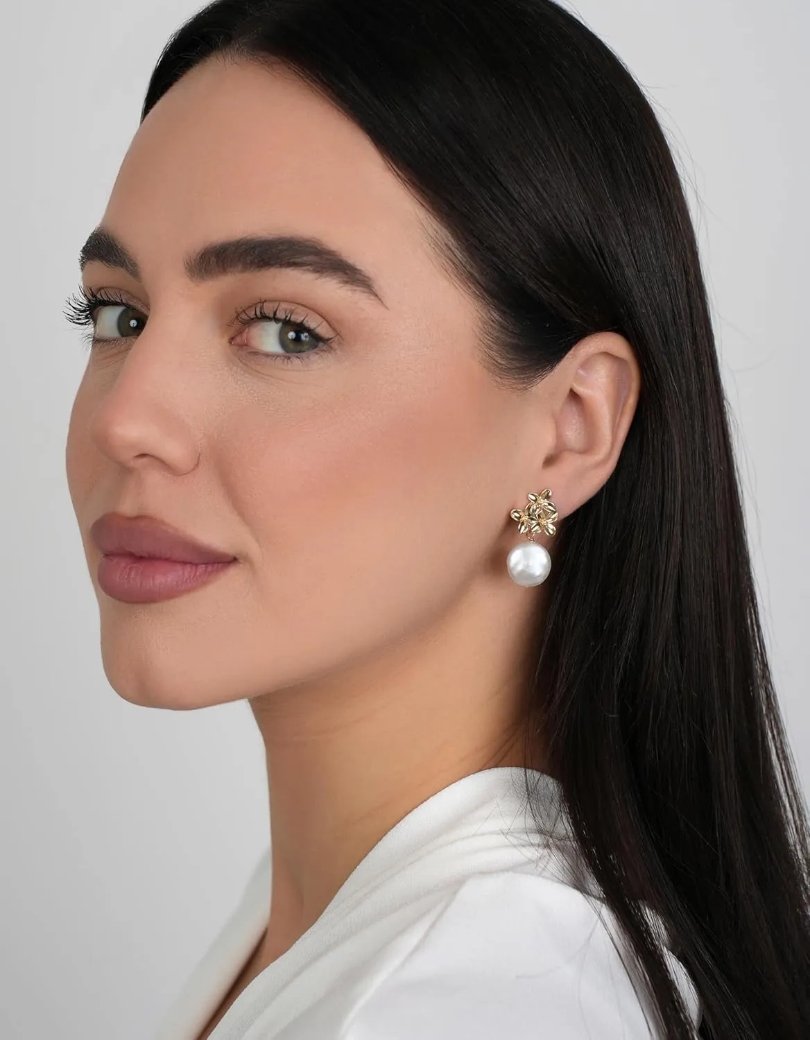 LILY LUSTRE Pearl Flower Stud Earrings | 14k Gold/Rose Gold Plated 925 Sterling Silver Handpicked AAAA Quality Natural Freshwater Cultured Pearl Drop & Coin Shape Dangle Floral Earrings for Women