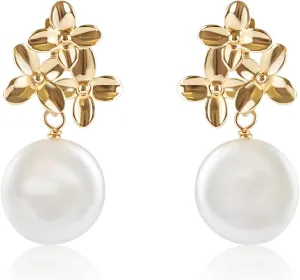 LILY LUSTRE Pearl Flower Stud Earrings | 14k Gold/Rose Gold Plated 925 Sterling Silver Handpicked AAAA Quality Natural Freshwater Cultured Pearl Drop & Coin Shape Dangle Floral Earrings for Women