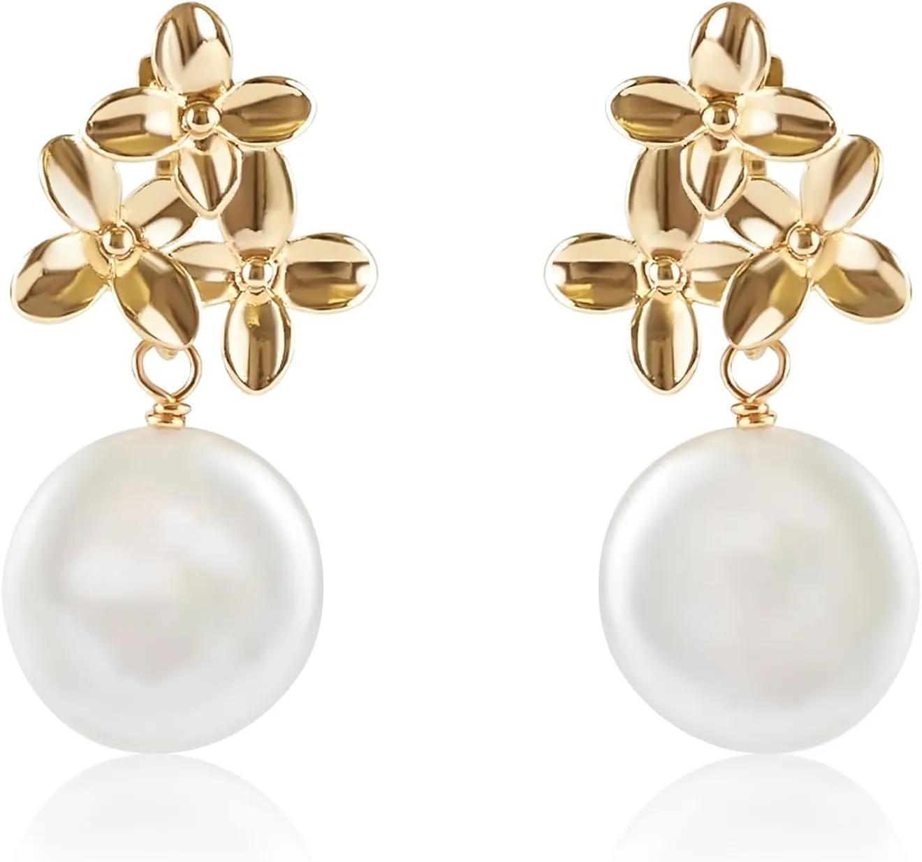 LILY LUSTRE Pearl Flower Stud Earrings | 14k Gold/Rose Gold Plated 925 Sterling Silver Handpicked AAAA Quality Natural Freshwater Cultured Pearl Drop & Coin Shape Dangle Floral Earrings for Women