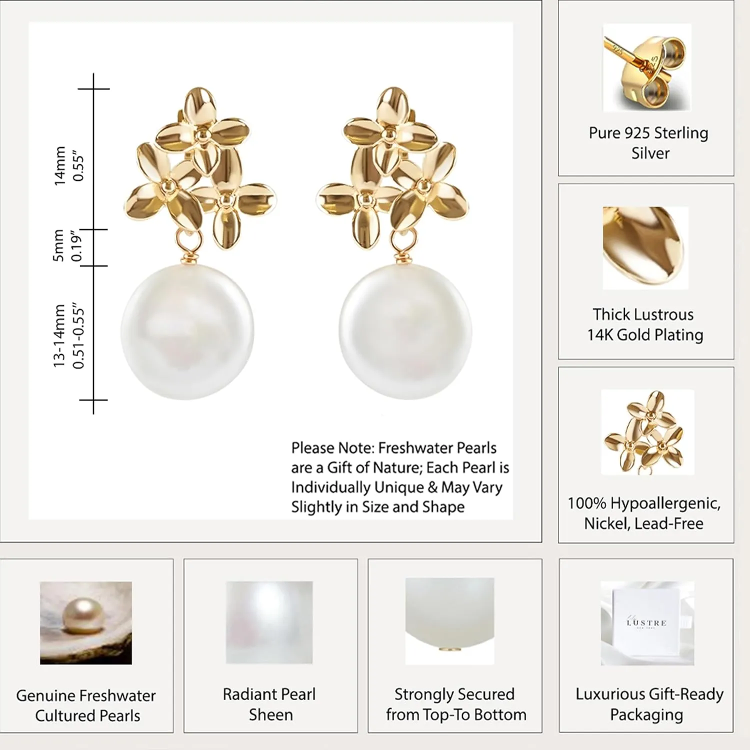 LILY LUSTRE Pearl Flower Stud Earrings | 14k Gold/Rose Gold Plated 925 Sterling Silver Handpicked AAAA Quality Natural Freshwater Cultured Pearl Drop & Coin Shape Dangle Floral Earrings for Women