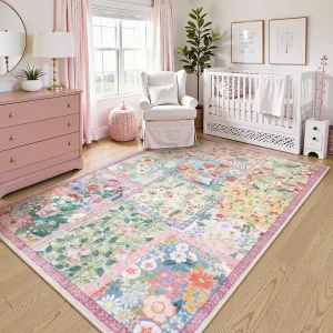 LIVEBOX 5 x 7 Pink Rugs for Bedroom Girls, Soft Patchwork Pink Rug for Living Room, Non-Slip Nursery Rug Girl, Washable Rugs 5x7 Carpet Rug for Playroom