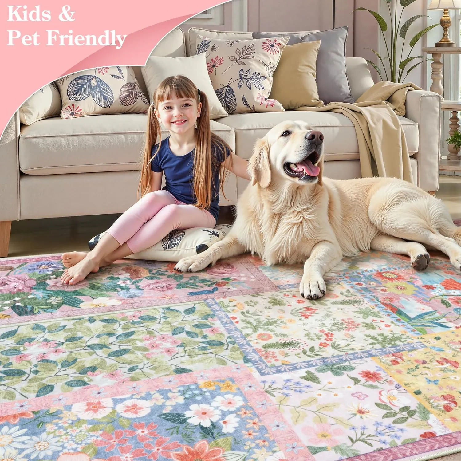 LIVEBOX 5 x 7 Pink Rugs for Bedroom Girls, Soft Patchwork Pink Rug for Living Room, Non-Slip Nursery Rug Girl, Washable Rugs 5x7 Carpet Rug for Playroom