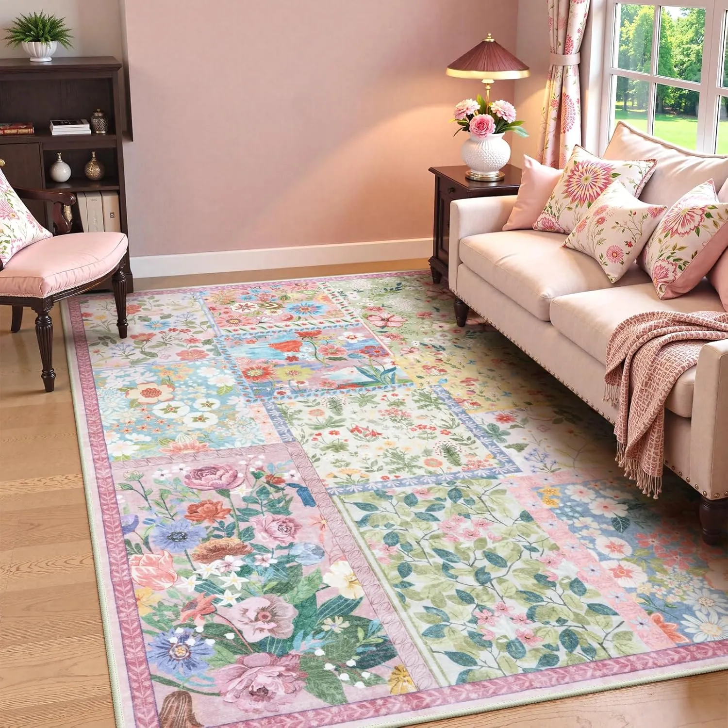 LIVEBOX 5 x 7 Pink Rugs for Bedroom Girls, Soft Patchwork Pink Rug for Living Room, Non-Slip Nursery Rug Girl, Washable Rugs 5x7 Carpet Rug for Playroom