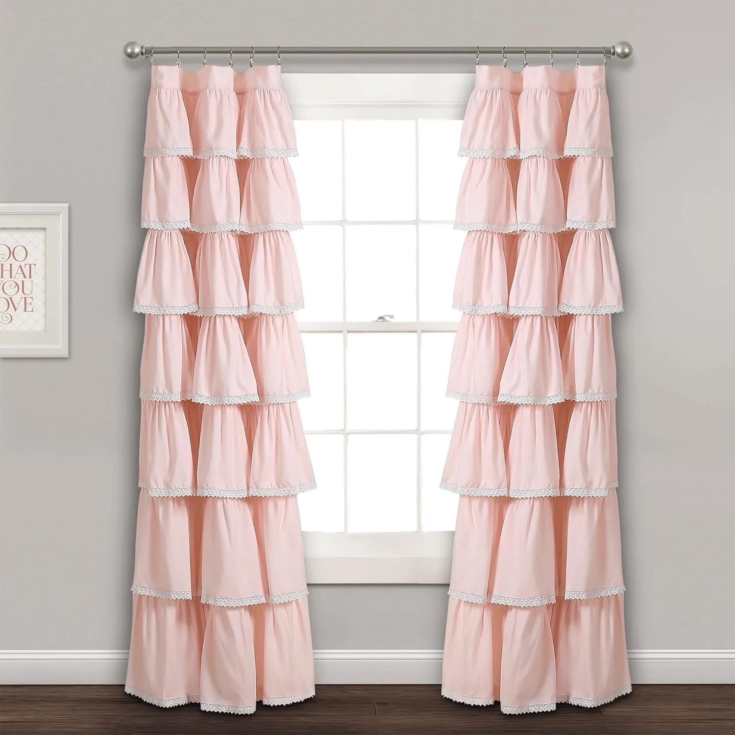 Lush Decor Lace Ruffle Curtain | Shabby Chic Farmhouse Style Window Panel for Living Room, Dining Room, Bedroom (Single), 84” x 52”, Blush